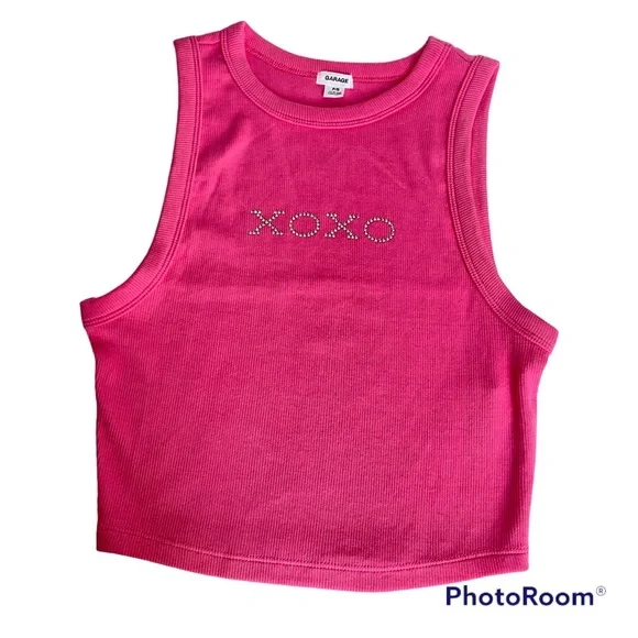 XOXO Rhinestone Ribbed Crop Tank Top - Hot Pink - Picture 3 of 5